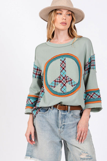 SAGE + FIG Peace Applique Patch Contrast Plaid Top us.meeeshop - 