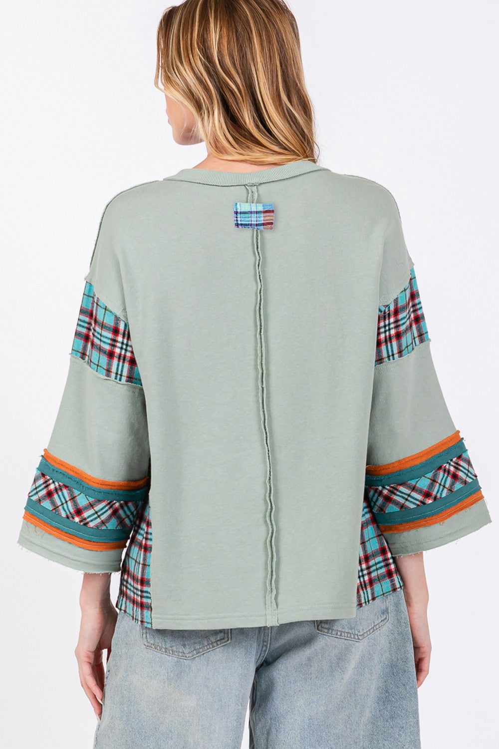 SAGE + FIG Peace Applique Patch Contrast Plaid Top us.meeeshop - 