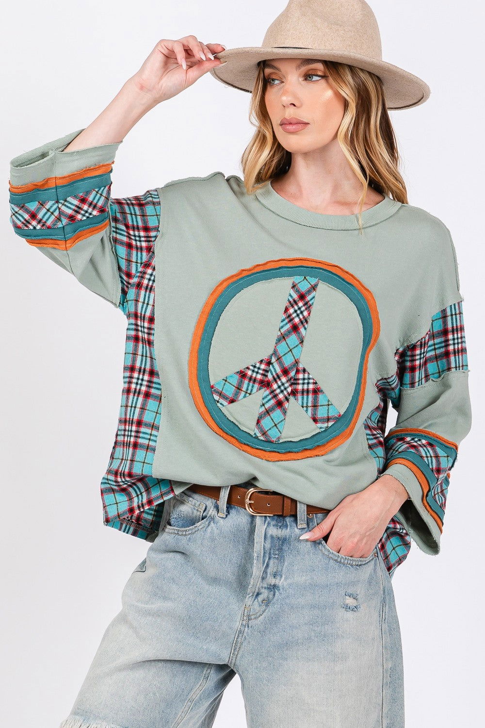 SAGE + FIG Peace Applique Patch Contrast Plaid Top us.meeeshop - Shirts & Tops