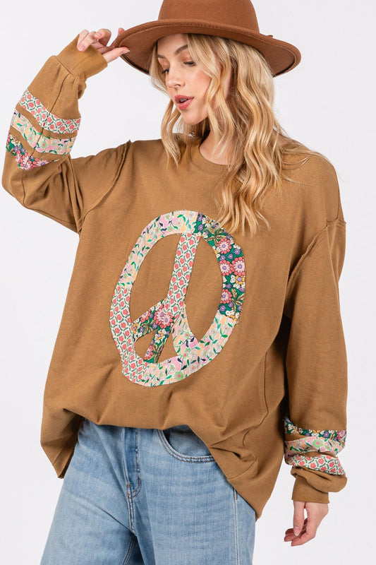 SAGE + FIG Peace Applique Patch Long Sleeve Top In Bronze us.meeeshop - Shirts & Tops