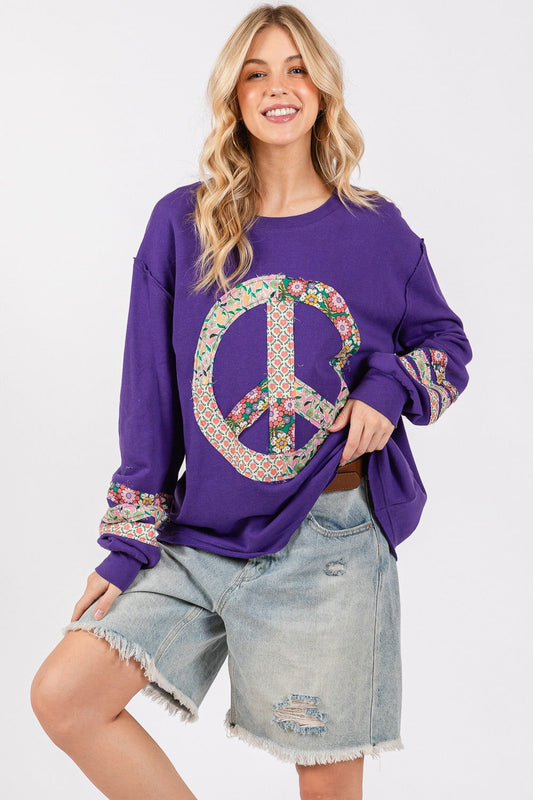 SAGE+FIG Peace Applique Patch Long Sleeve Top us.meeeshop - Shirts & Tops