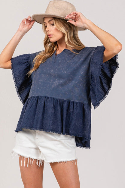 SAGE + FIG Ruffle Sleeve Washed Short Sleeve Blouse us.meeeshop - Shirts & Tops