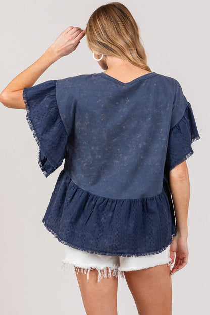 SAGE + FIG Ruffle Sleeve Washed Short Sleeve Blouse us.meeeshop - 