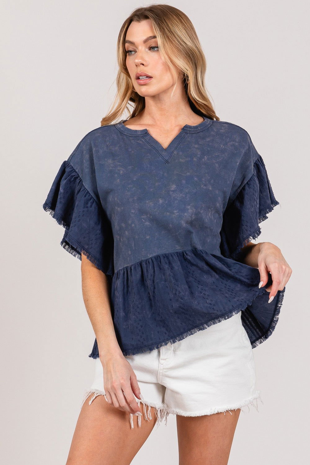 SAGE + FIG Ruffle Sleeve Washed Short Sleeve Blouse us.meeeshop - 