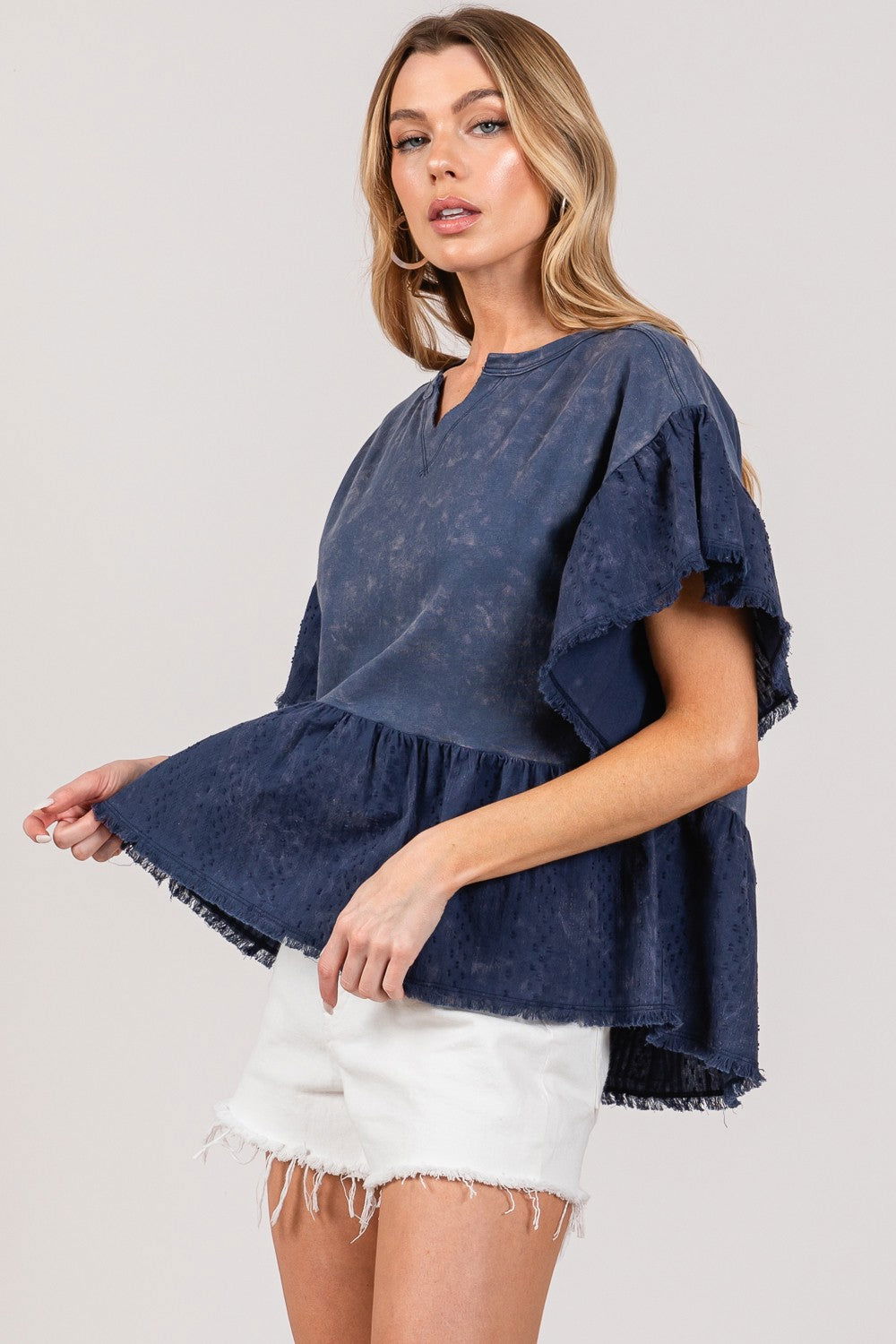 SAGE + FIG Ruffle Sleeve Washed Short Sleeve Blouse us.meeeshop - 