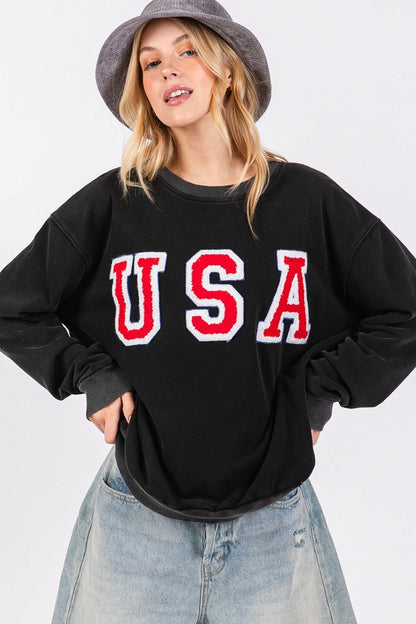 SAGE + FIG USA Letter Patch Round Neck Sweatshirt us.meeeshop - 