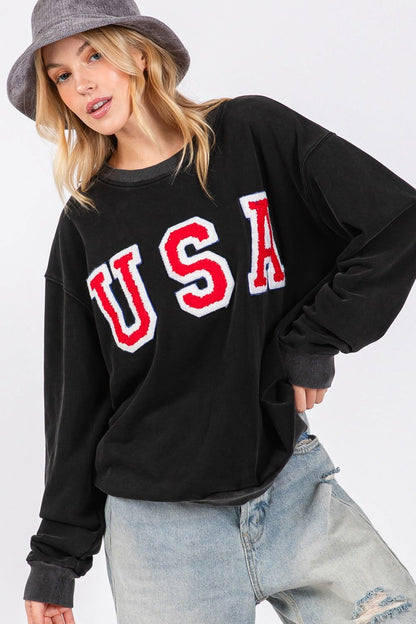 SAGE + FIG USA Letter Patch Round Neck Sweatshirt us.meeeshop - 