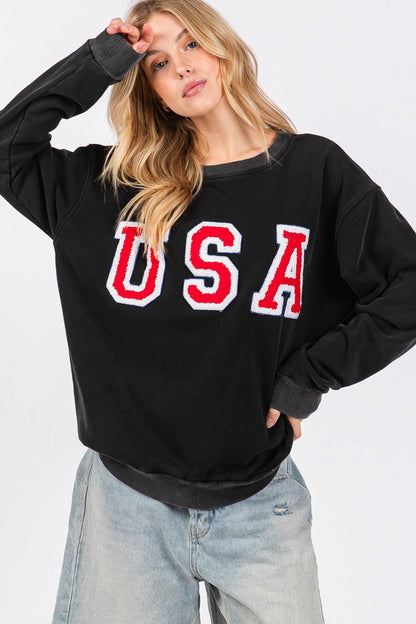 SAGE + FIG USA Letter Patch Round Neck Sweatshirt us.meeeshop - Shirts & Tops