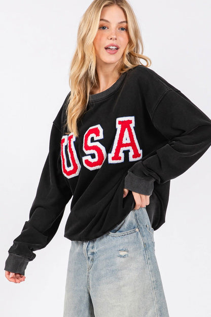 SAGE + FIG USA Letter Patch Round Neck Sweatshirt us.meeeshop - 