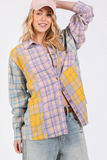 SAGE + FIG Women's Button Up Raw Hem  Plaid Flannel Shirt us.meeeshop - 