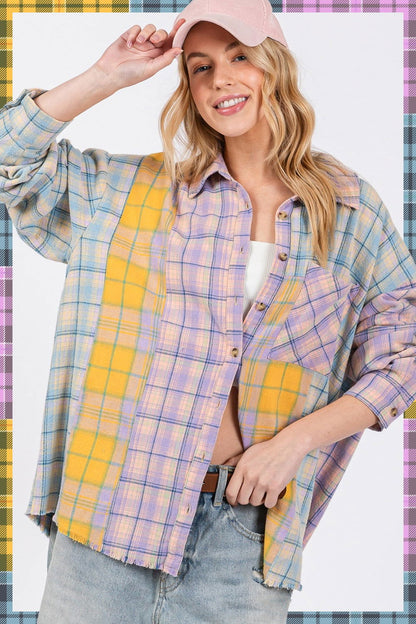 SAGE + FIG Women's Button Up Raw Hem  Plaid Flannel Shirt us.meeeshop - 