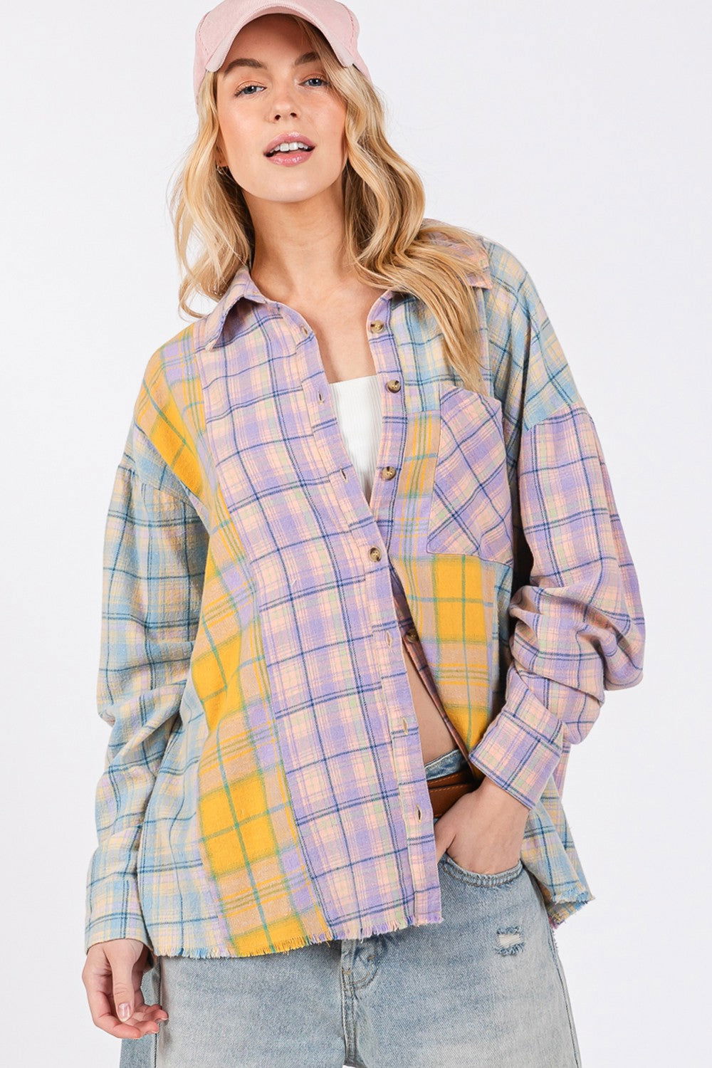 SAGE + FIG Women's Button Up Raw Hem  Plaid Flannel Shirt us.meeeshop - Shirts & Tops