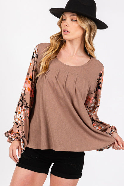 SAGE + FIG Women's Floral Long Sleeve Front Pleated Detail Blouse us.meeeshop - Shirts & Tops