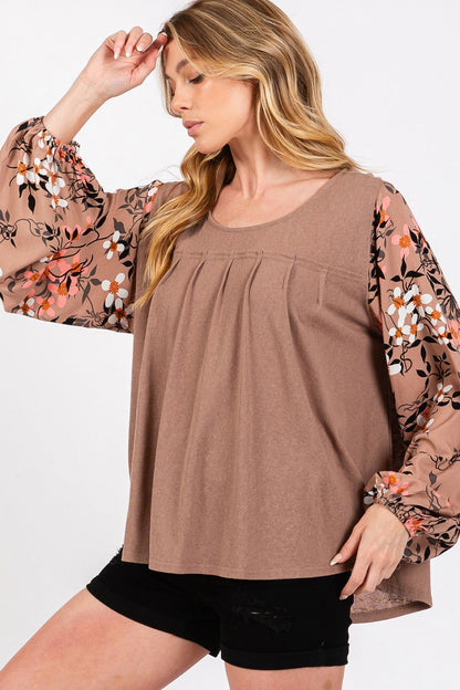 SAGE + FIG Women's Floral Long Sleeve Front Pleated Detail Blouse us.meeeshop - 