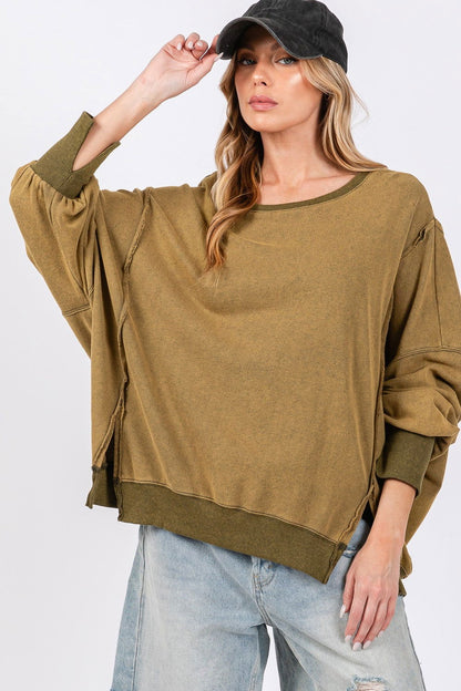 SAGE + FIG Women's Mineral Wash Side Slit Oversized Sweatshirt us.meeeshop - Shirts & Tops