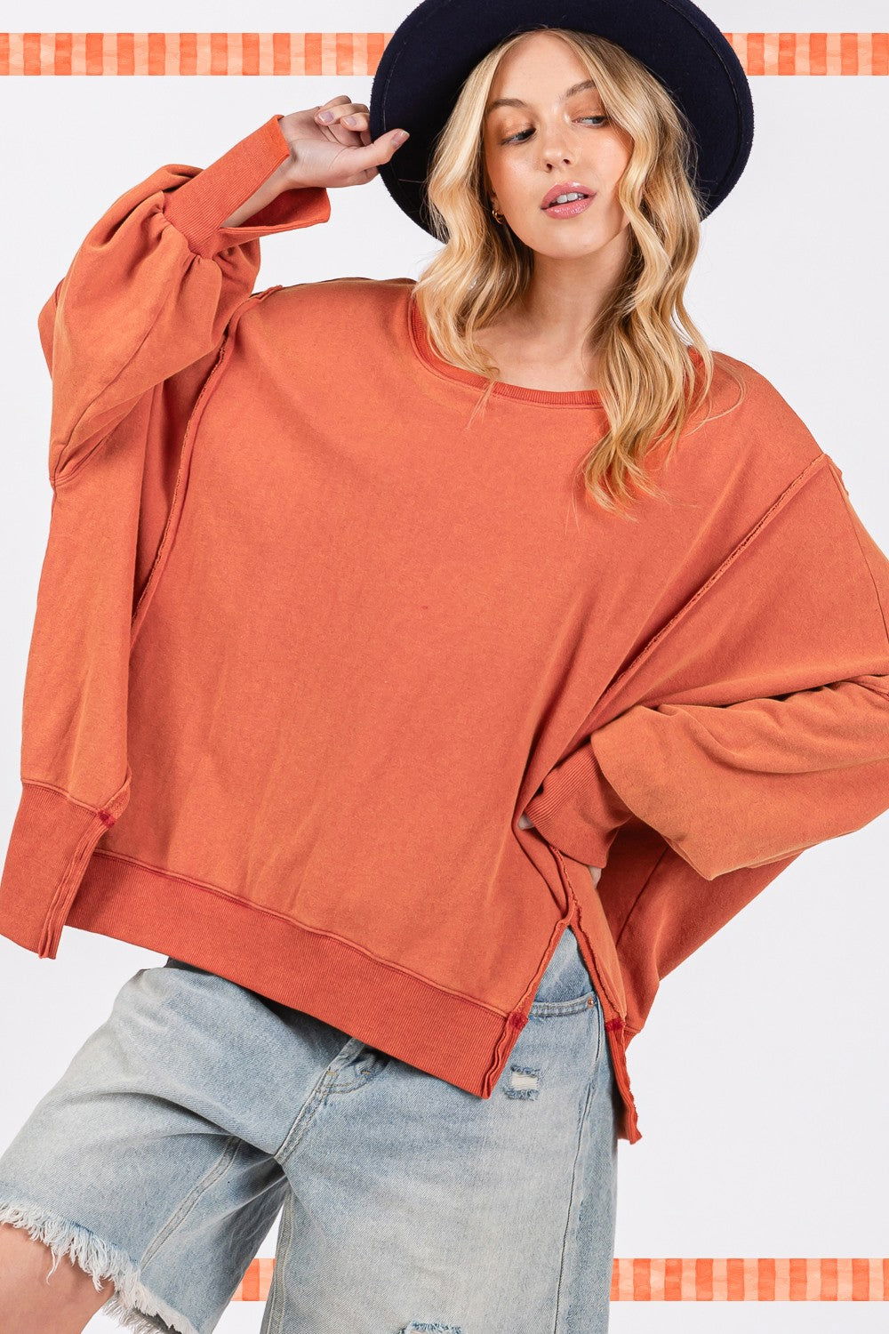 SAGE + FIG Women's Mineral Wash Side Slit Oversized Sweatshirt us.meeeshop - 