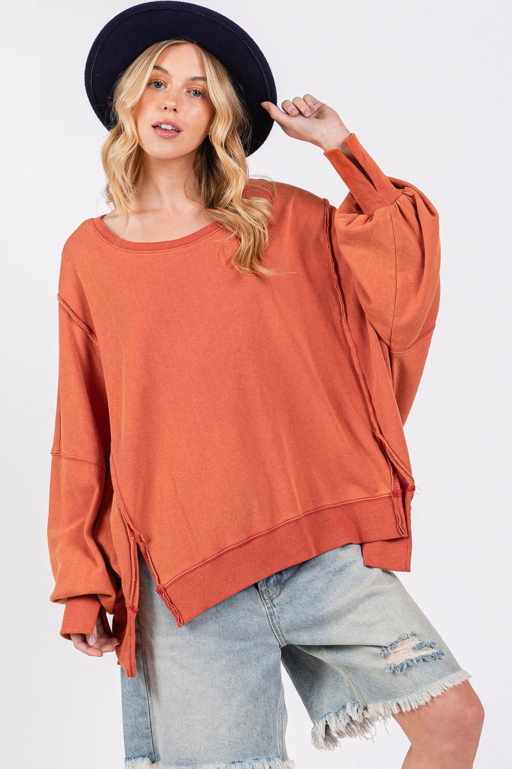 SAGE + FIG Women's Mineral Wash Side Slit Oversized Sweatshirt us.meeeshop - Shirts & Tops