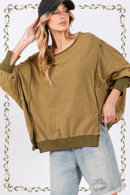 SAGE + FIG Women's Mineral Wash Side Slit Oversized Sweatshirt us.meeeshop - 