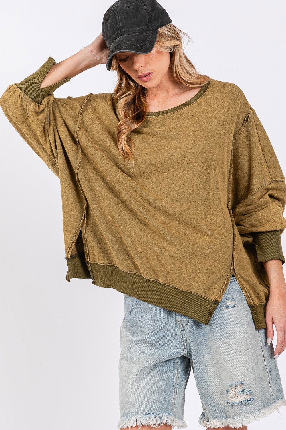 SAGE + FIG Women's Mineral Wash Side Slit Oversized Sweatshirt us.meeeshop - 