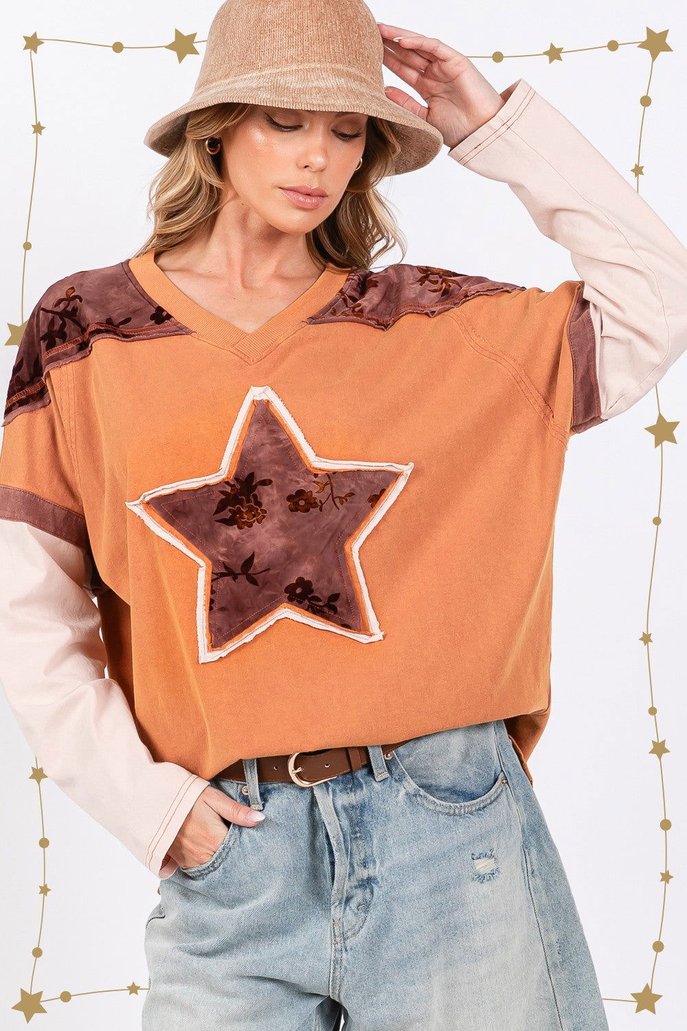 SAGE + FIG Women's Star Patch Long Sleeve Color Block T-Shirt us.meeeshop - 