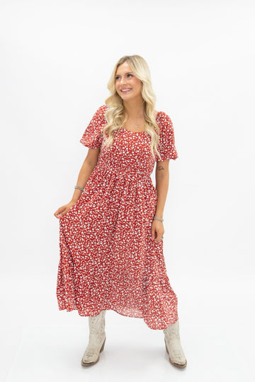Puff Sleeve Midi Dress, Red Floral