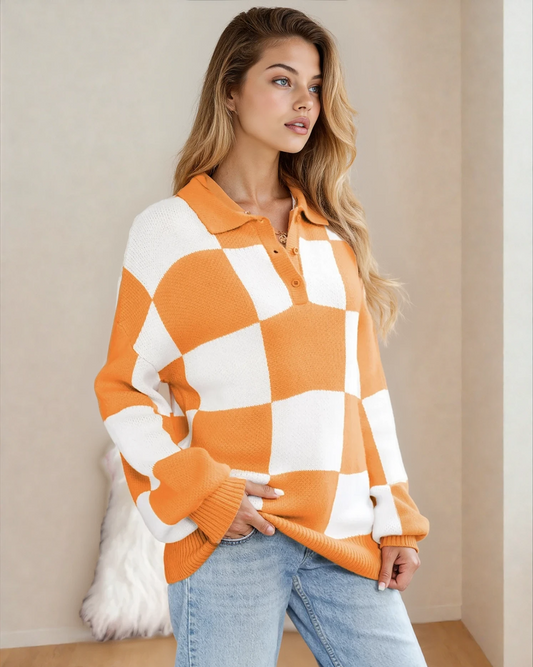 neck checkered sweater V Neck Checkered Sweater - Tangerine view 2 (layer) - shop at us.meeeshop