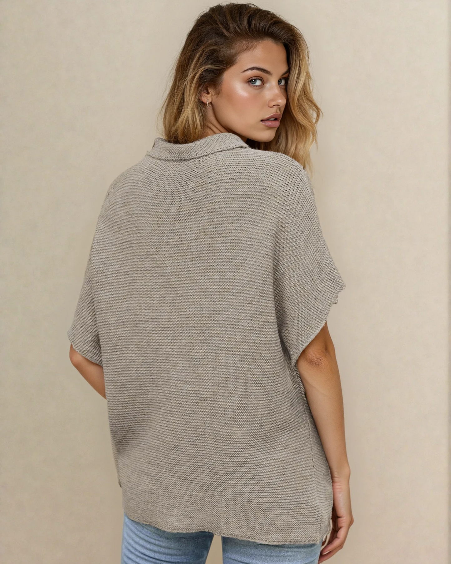 Maya Mock Neck Short Sleeve Sweater - Stone