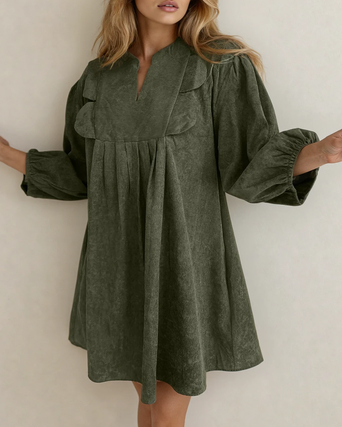 Micah Scallop Detail Pleated Corduroy Mini Dress - Green