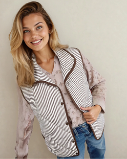 Skylar Striped Snap Button Scalloped Hem Winter Vest - Brown