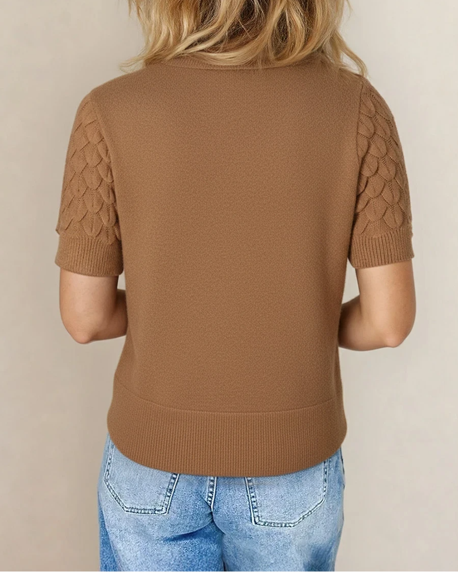Magnolia Textured Knit Ribbed High Neck Short Sleeve Sweater - Straw