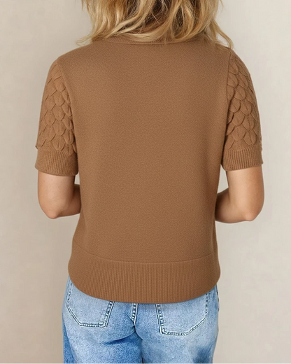 Magnolia Textured Knit Ribbed High Neck Short Sleeve Sweater - Straw