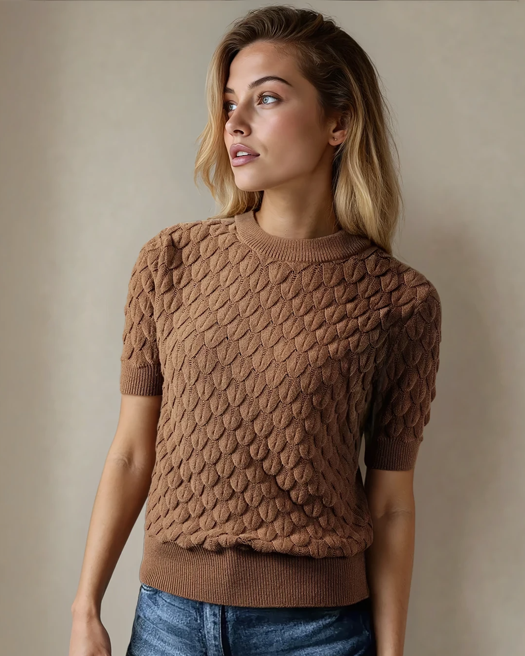 Magnolia Textured Knit Ribbed High Neck Short Sleeve Sweater - Straw