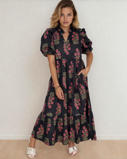 Kali Floral Short Bubble Sleeve Tiered Maxi Dress - Black