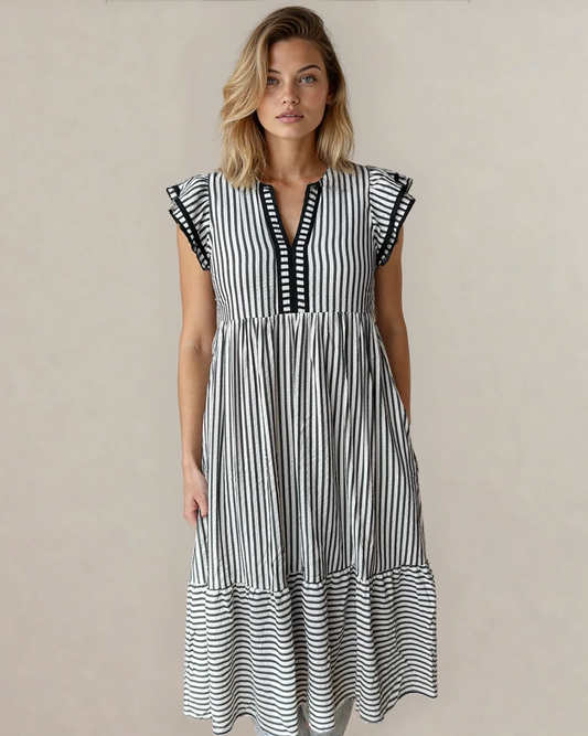nyla double ruffled Nyla Double Ruffled Short Sleeve Contrast Trim V Neck Midi Dress - Black view 2 (dress) - shop at us.meee