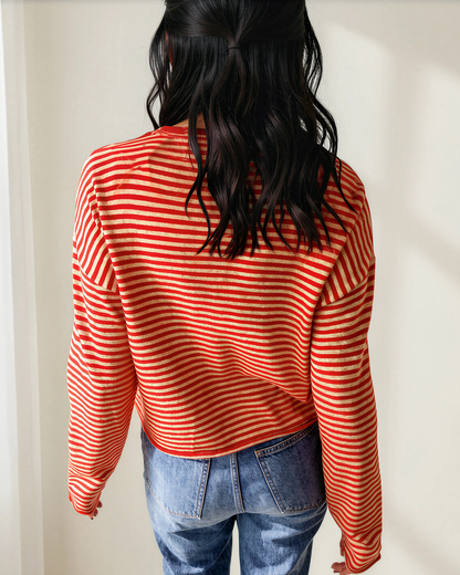 Amelia Striped Button Collar Long Sleeve Knit Cardigan Top