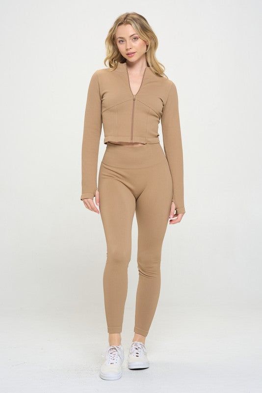 Seamless Ribbed Tracksuit Zip-up Two-Piece Set us.meeeshop - 