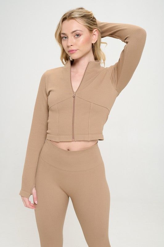 Seamless Ribbed Tracksuit Zip-up Two-Piece Set us.meeeshop - 