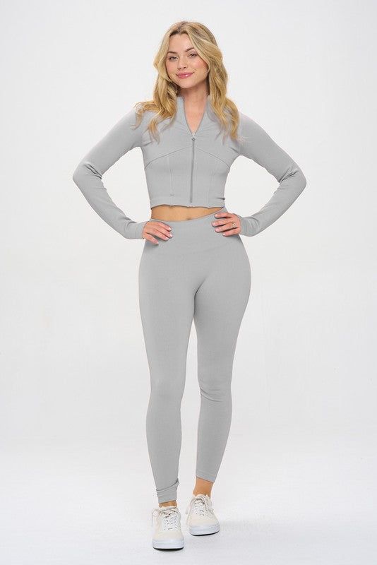 Seamless Ribbed Tracksuit Zip-up Two-Piece Set us.meeeshop - 