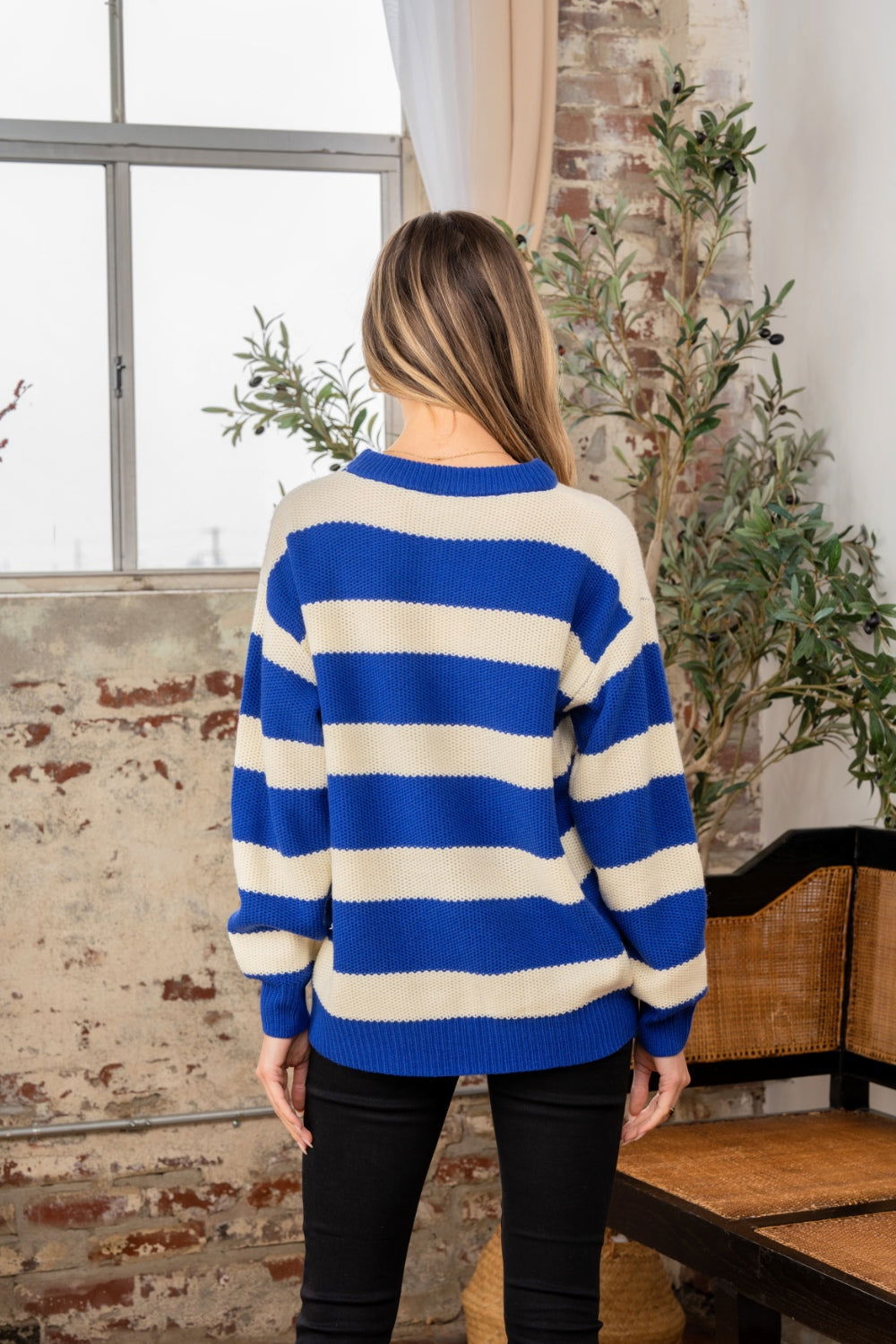 Sew In Love Contrast Striped Round Neck Sweater us.meeeshop - 