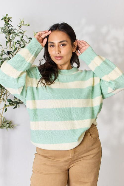 Sew In Love Contrast Striped Round Neck Sweater | us.meeeshop
