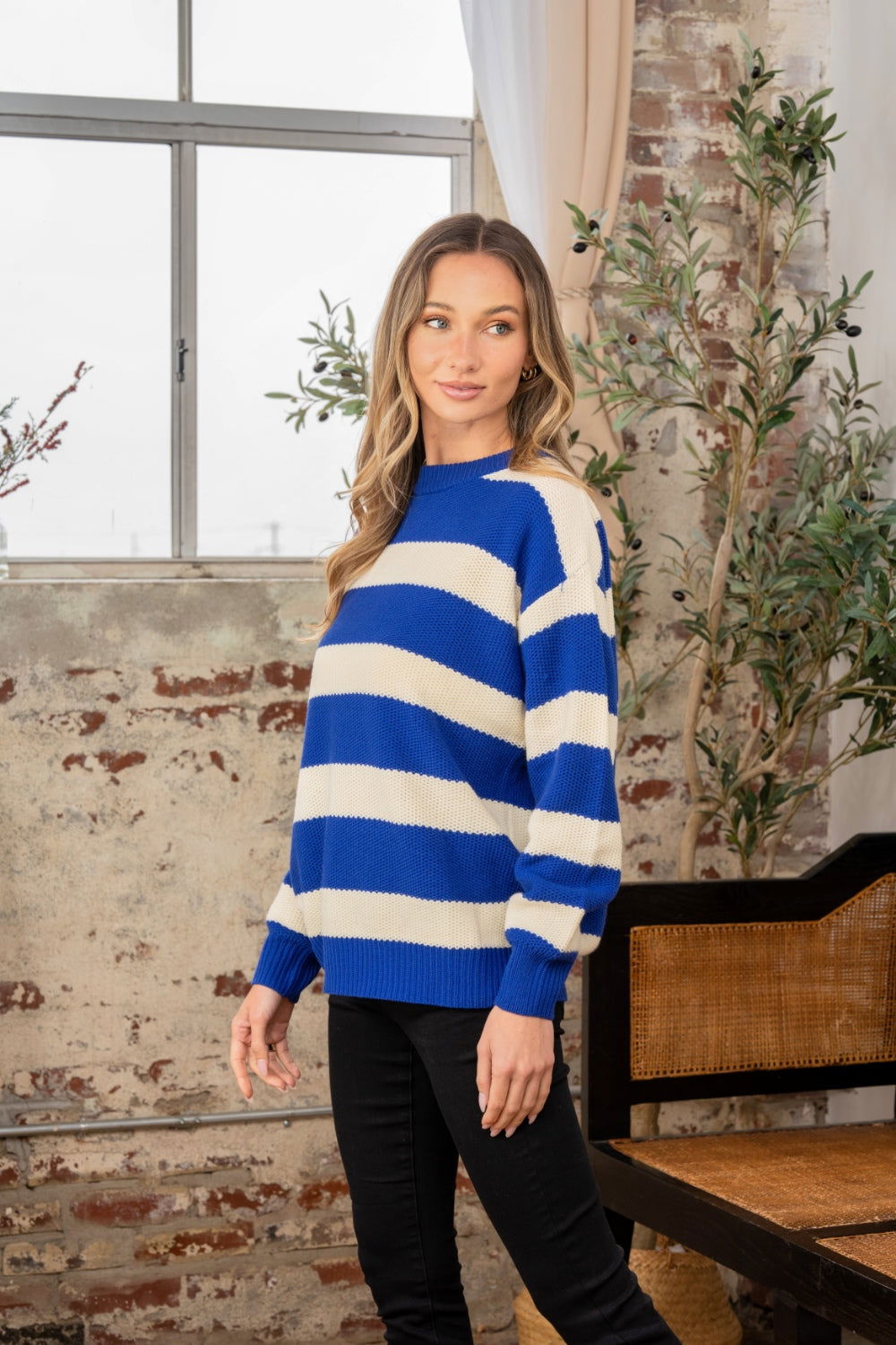 Sew In Love Contrast Striped Round Neck Sweater us.meeeshop - 