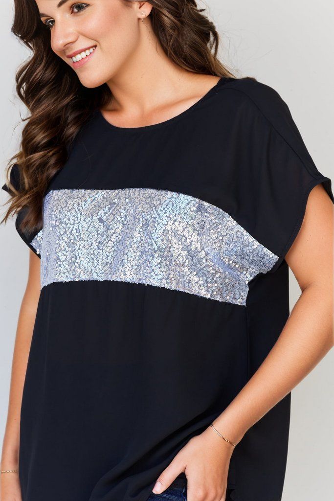 Sew In Love | Shine Bright Full Size Center Mesh Sequin Top in Black/Silver - us.meeeshop