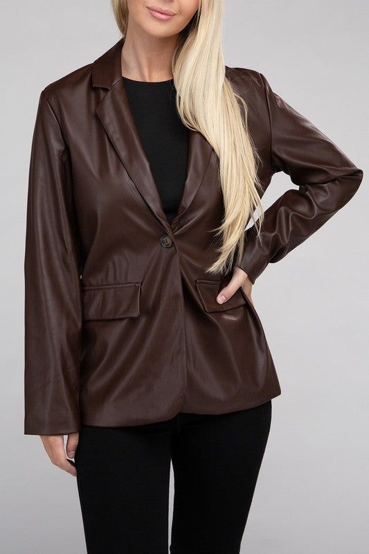 Sleek Pu Leather Blazer with Front Closure us.meeeshop - 