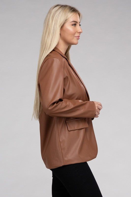 Sleek Pu Leather Blazer with Front Closure us.meeeshop - 