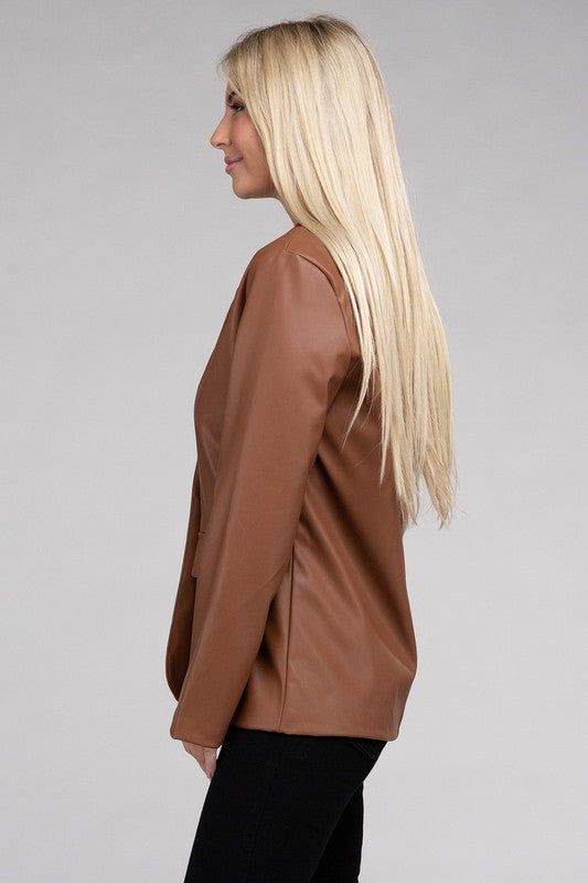 Sleek Pu Leather Blazer with Front Closure us.meeeshop - 