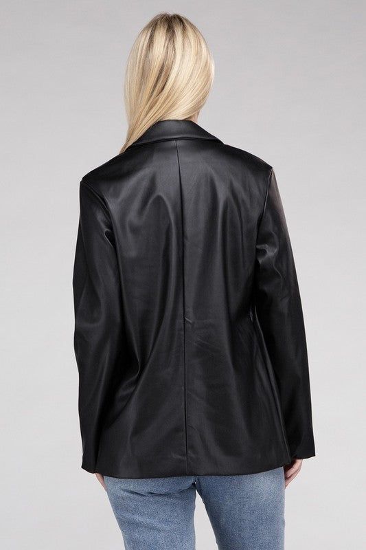 Sleek Pu Leather Blazer with Front Closure us.meeeshop - 