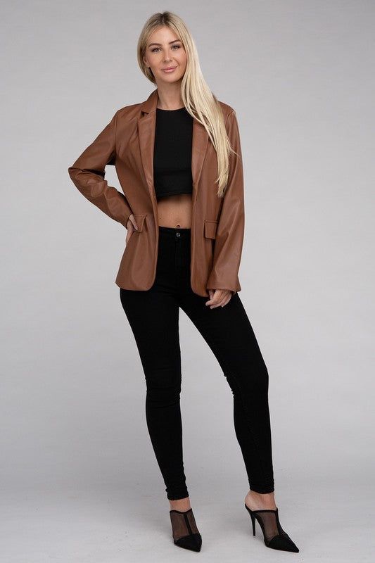 Sleek Pu Leather Blazer with Front Closure us.meeeshop - 