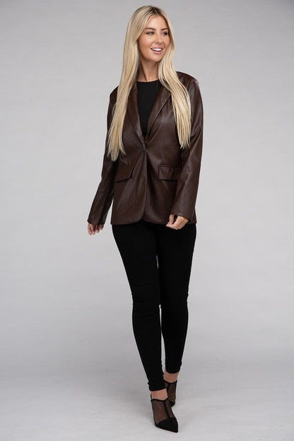 Sleek Pu Leather Blazer with Front Closure us.meeeshop - 