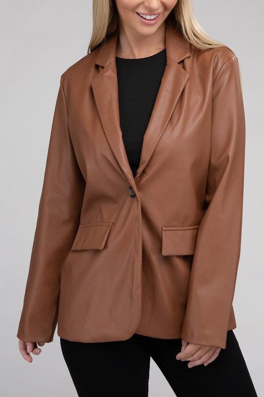 Sleek Pu Leather Blazer with Front Closure us.meeeshop - 