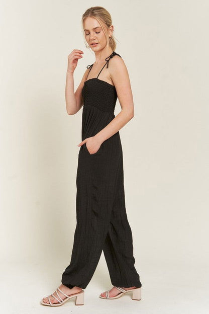 Smocked Tie Strap Jumpsuit Plus us.meeeshop - 